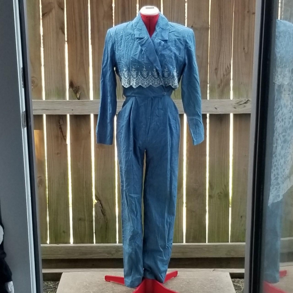 Retro 80s Joan Walters blue denim jean jumpsuit